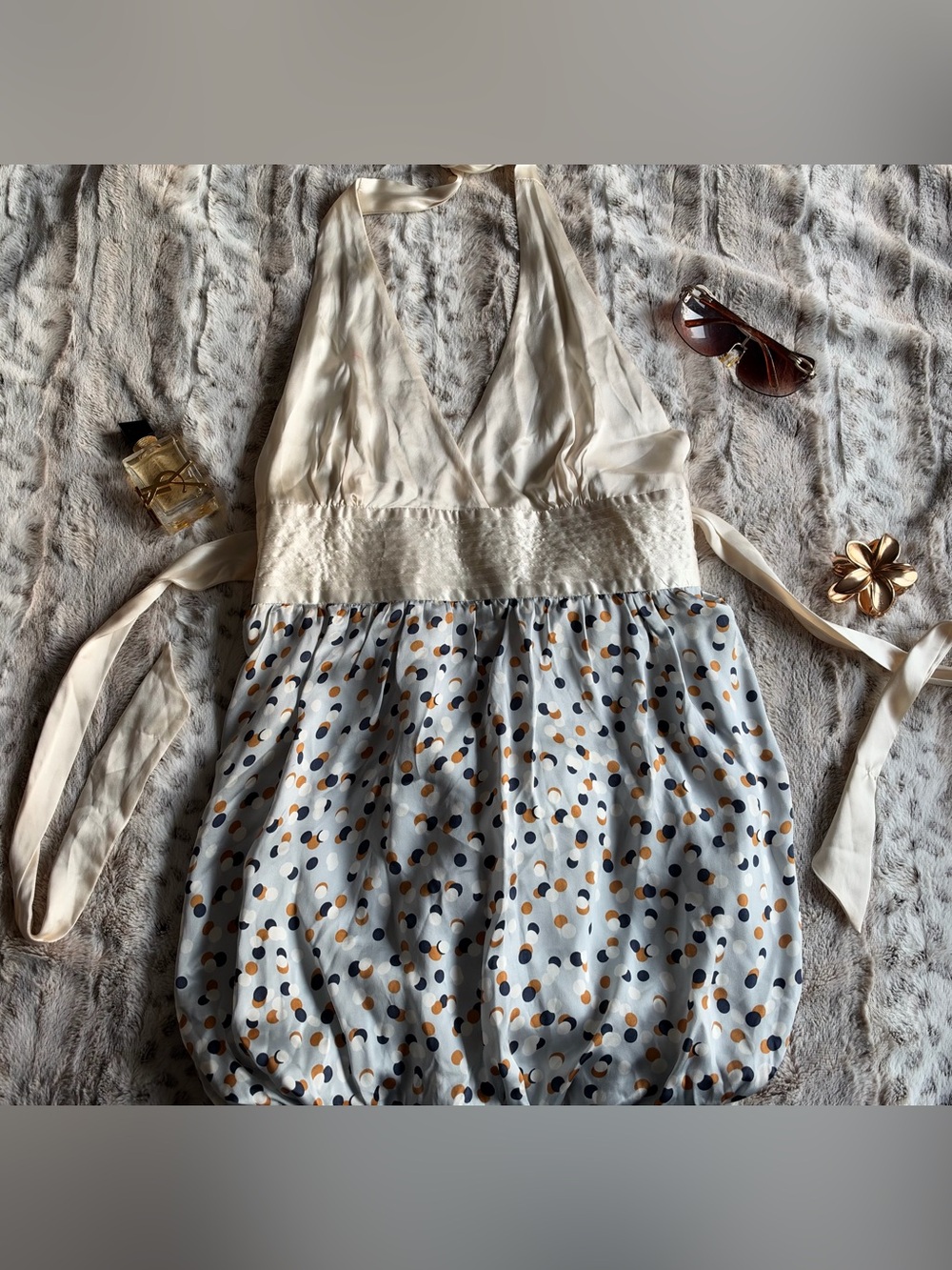Y2K KOPA Abstract Halter Mini Dress in White & Blue